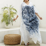 White Tiger Painting Print Silk V-Neck Kaftan Dress