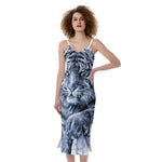 White Tiger Painting Print Slim Fit Midi Cami Dress