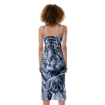 White Tiger Painting Print Slim Fit Midi Cami Dress