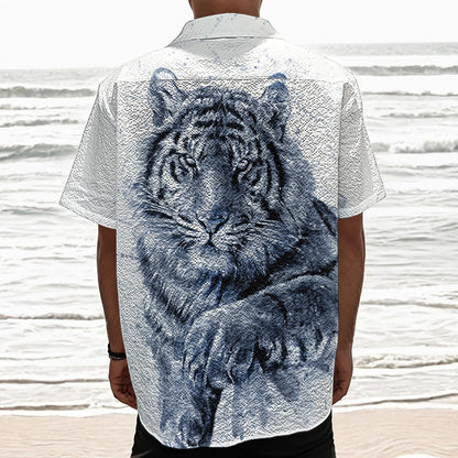 White Tiger Painting Print Textured Short Sleeve Shirt