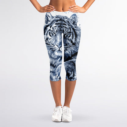 White Tiger Painting Print Women's Capri Leggings