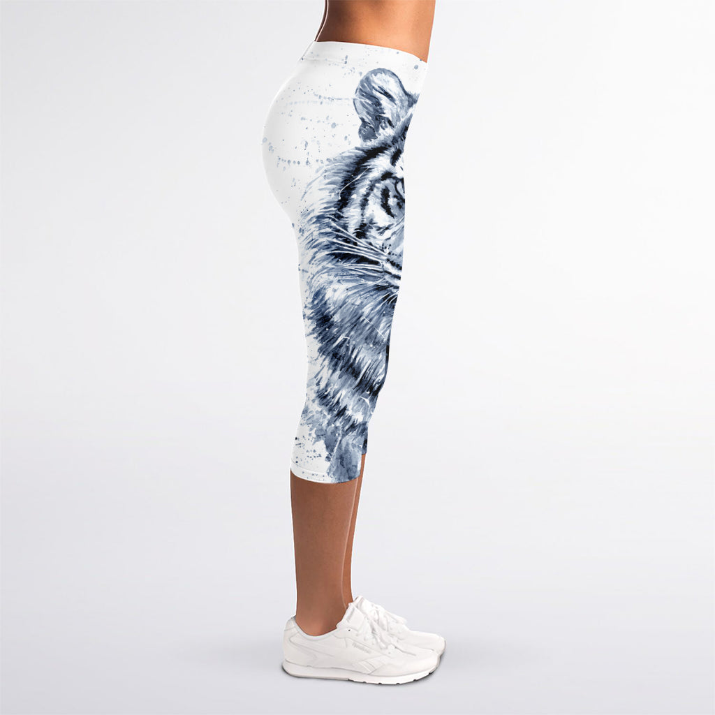 White Tiger Painting Print Women's Capri Leggings