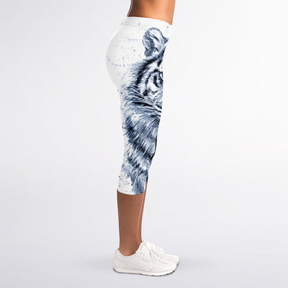White Tiger Painting Print Women's Capri Leggings