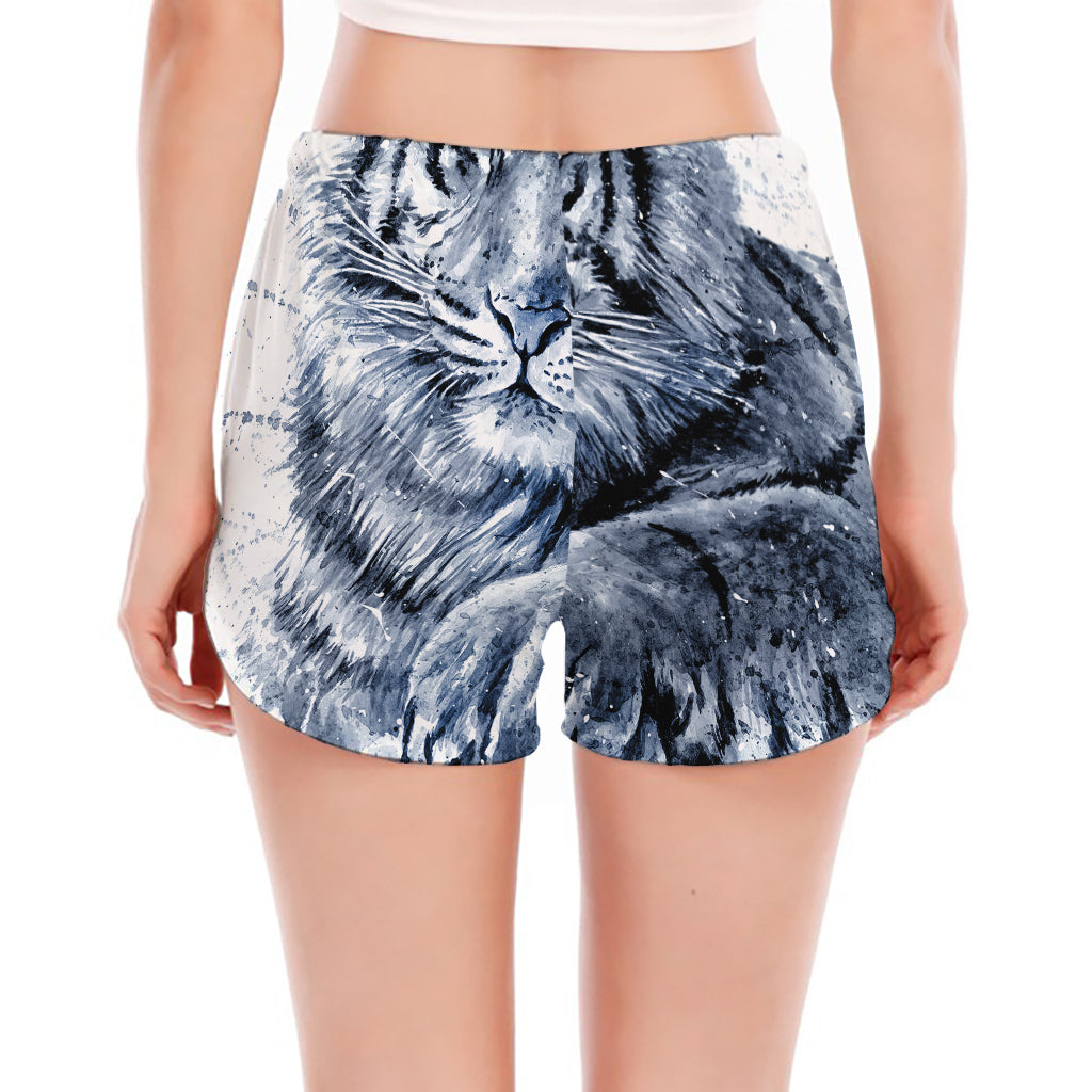 White Tiger Painting Print Women's Split Running Shorts