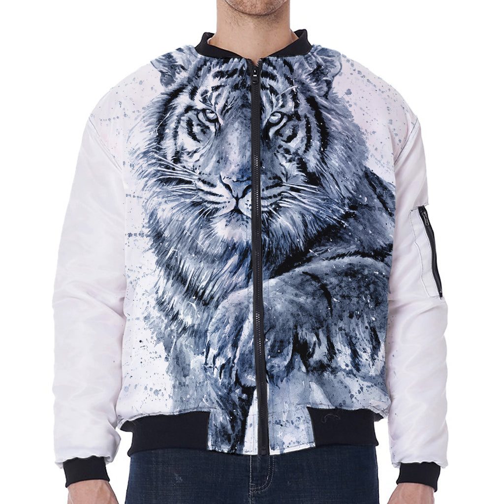 White Tiger Painting Print Zip Sleeve Bomber Jacket