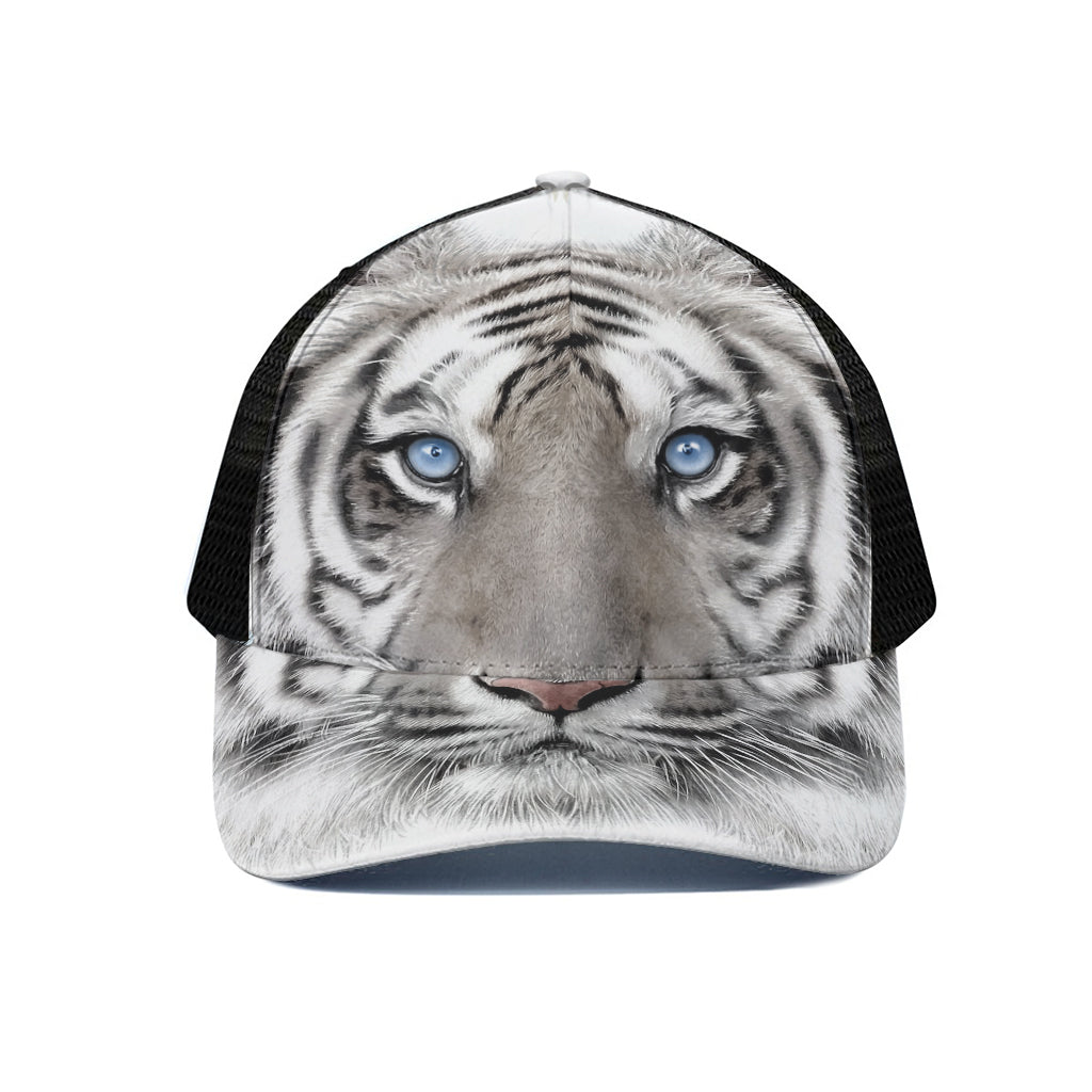 White Tiger Portrait Print Black Mesh Trucker Cap