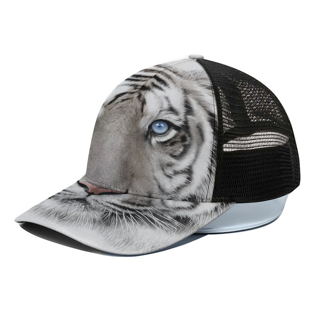 White Tiger Portrait Print Black Mesh Trucker Cap