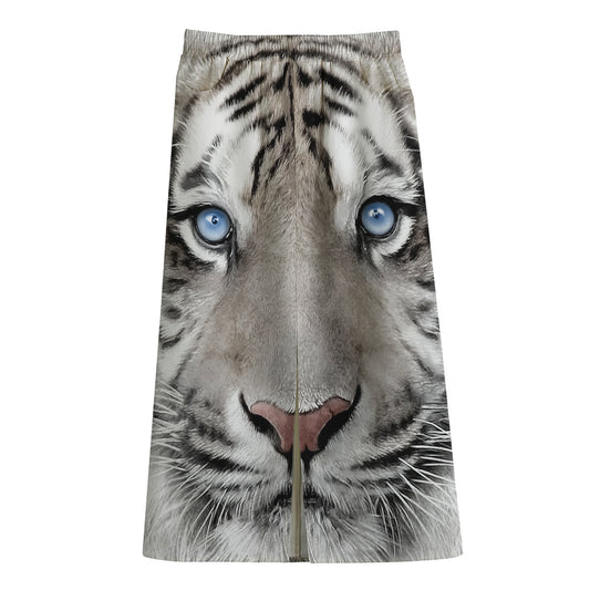 White Tiger Portrait Print Cotton Front Slit Maxi Skirt