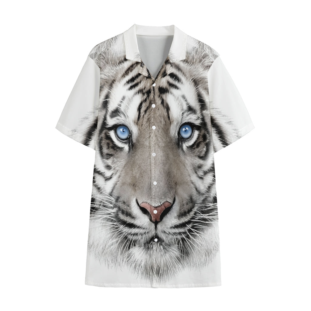 White Tiger Portrait Print Cotton Hawaiian Shirt