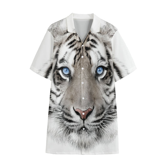 White Tiger Portrait Print Cotton Hawaiian Shirt