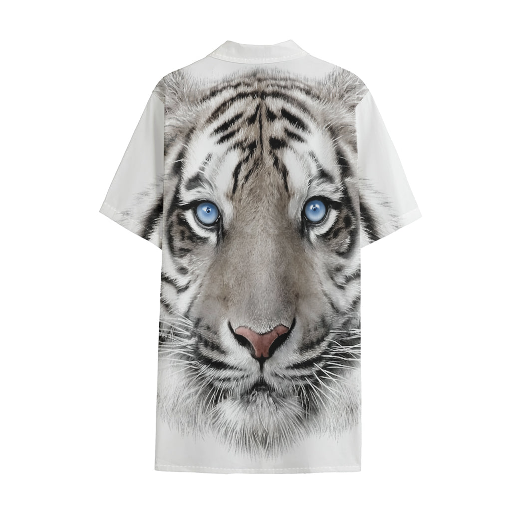 White Tiger Portrait Print Cotton Hawaiian Shirt
