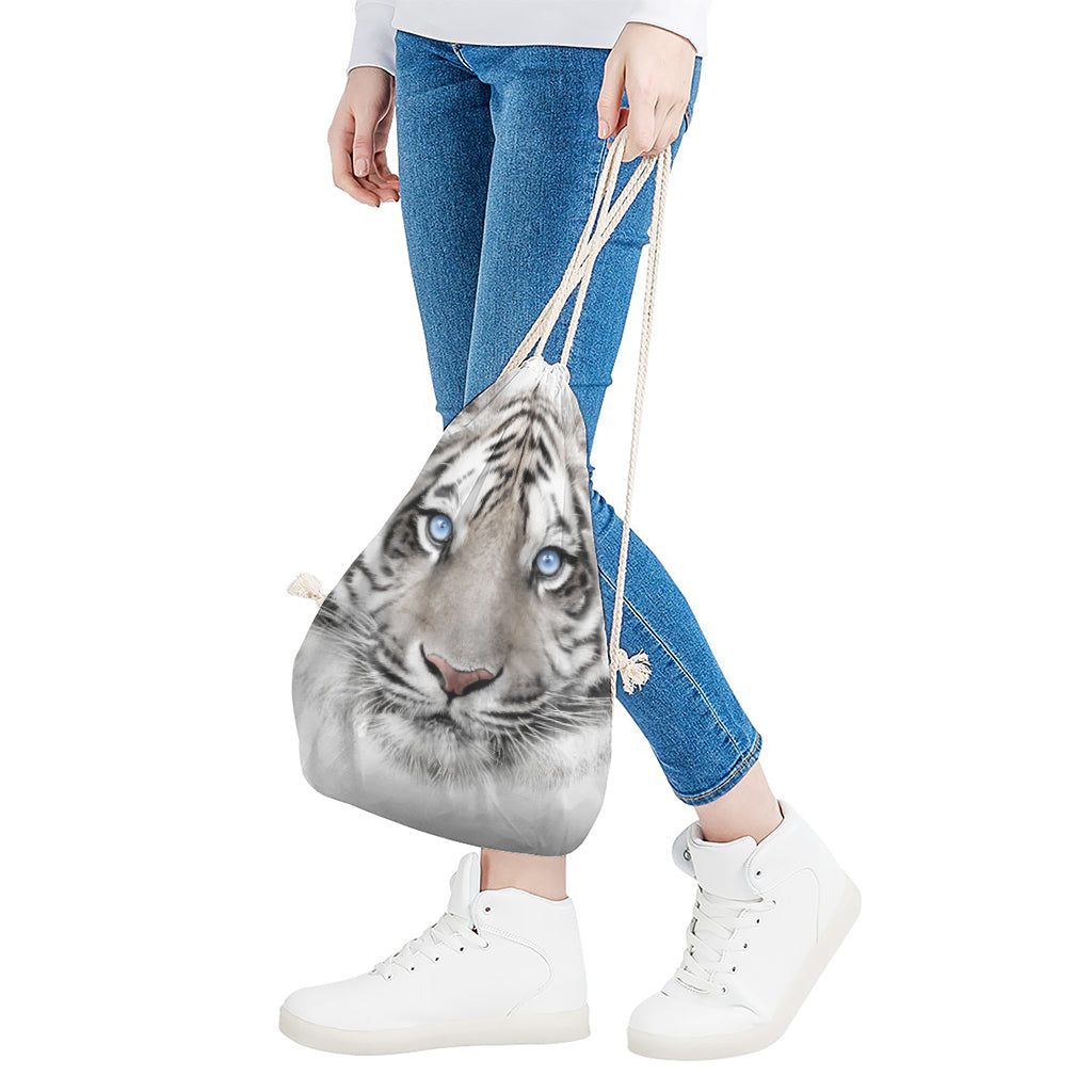 White Tiger Portrait Print Drawstring Bag