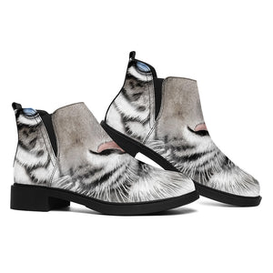 White Tiger Portrait Print Flat Ankle Boots