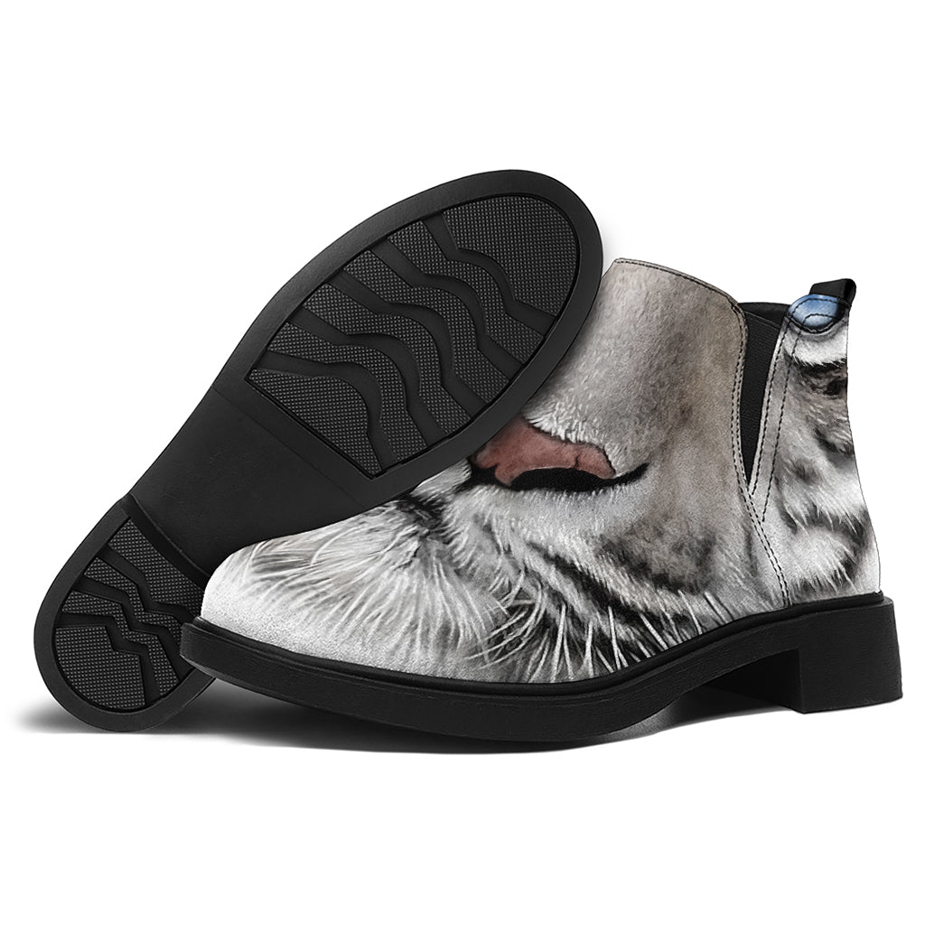 White Tiger Portrait Print Flat Ankle Boots