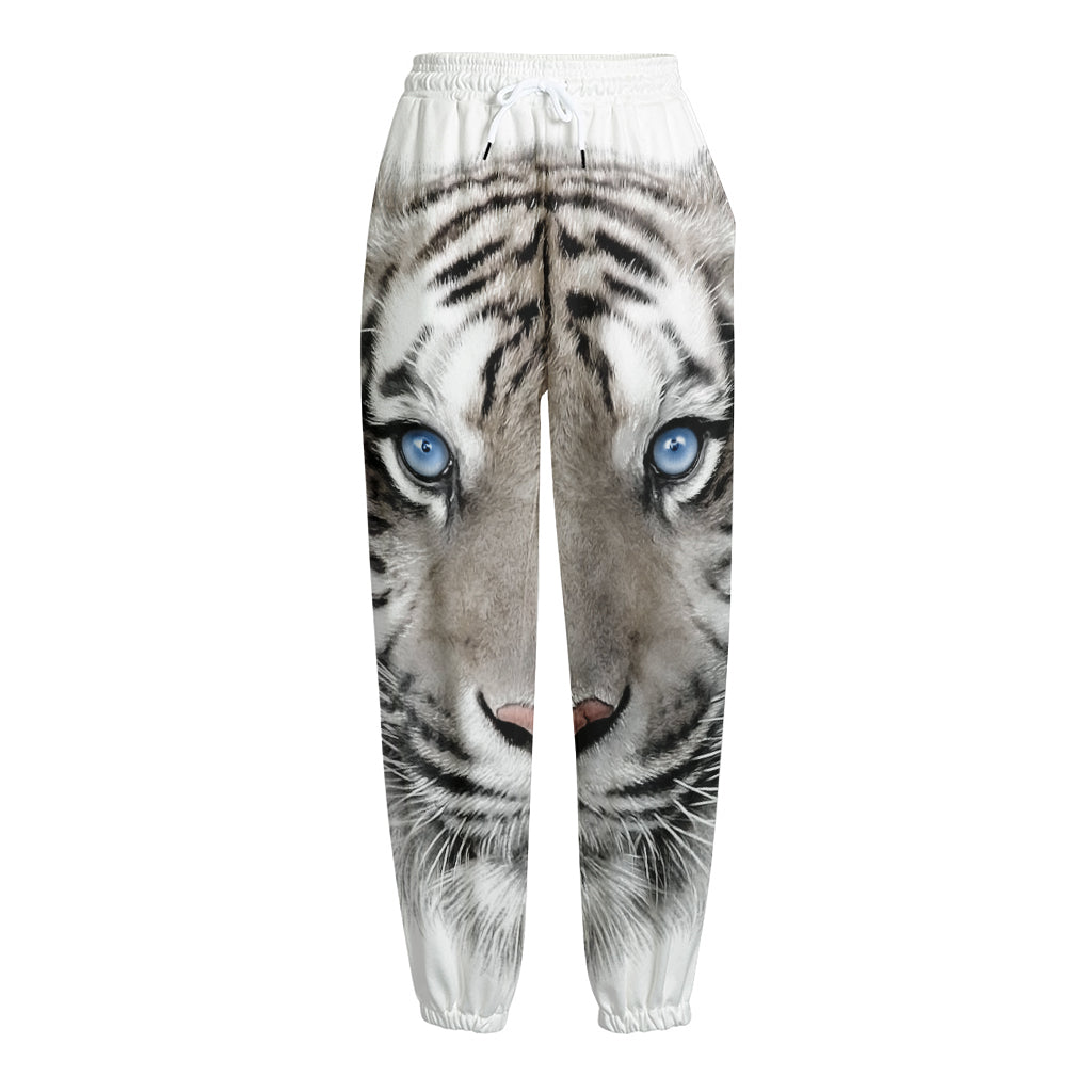 White Tiger Portrait Print Fleece Lined Knit Pants