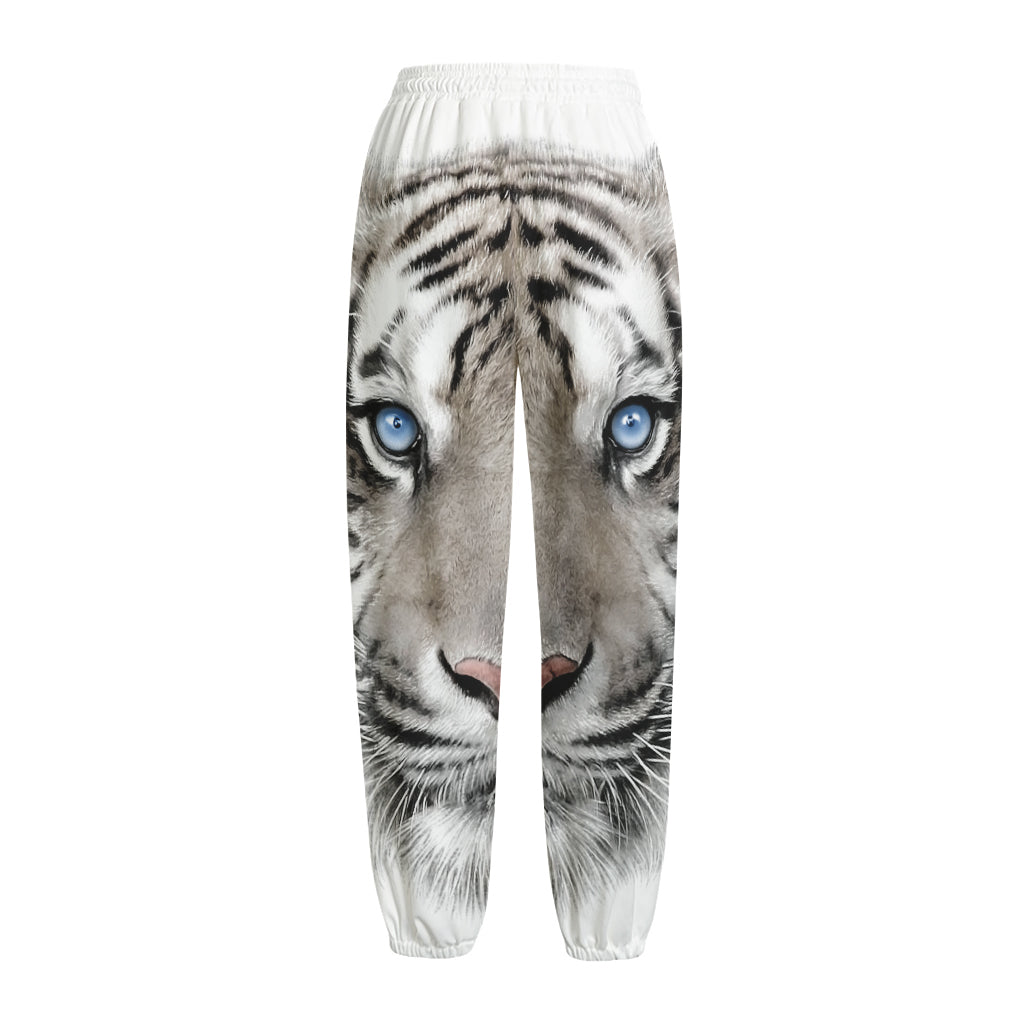 White Tiger Portrait Print Fleece Lined Knit Pants