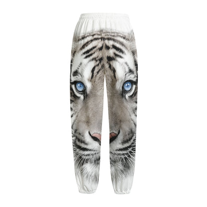 White Tiger Portrait Print Fleece Lined Knit Pants