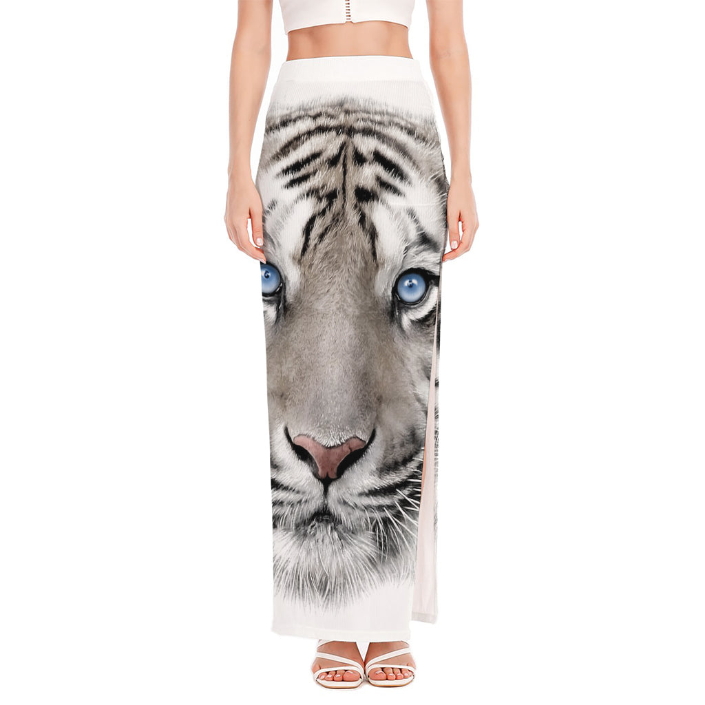 White Tiger Portrait Print High Slit Maxi Skirt
