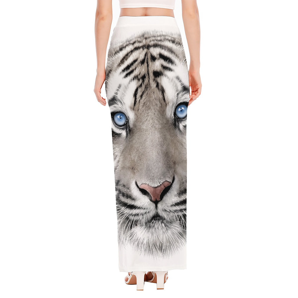 White Tiger Portrait Print High Slit Maxi Skirt