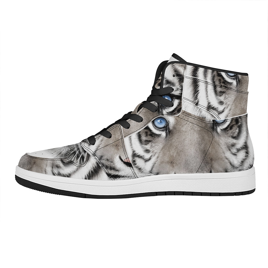 White Tiger Portrait Print High Top Leather Sneakers