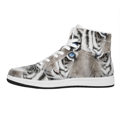 White Tiger Portrait Print High Top Leather Sneakers
