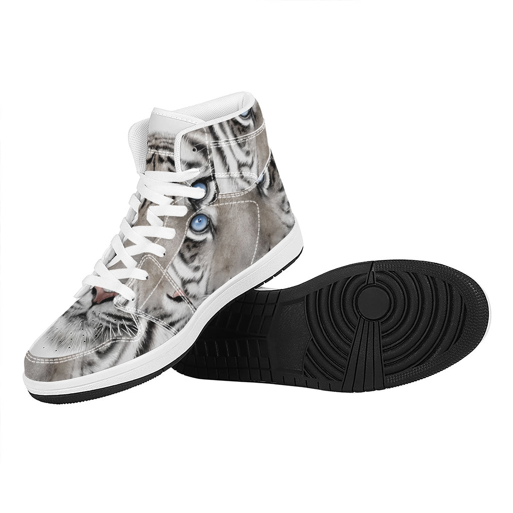 White Tiger Portrait Print High Top Leather Sneakers
