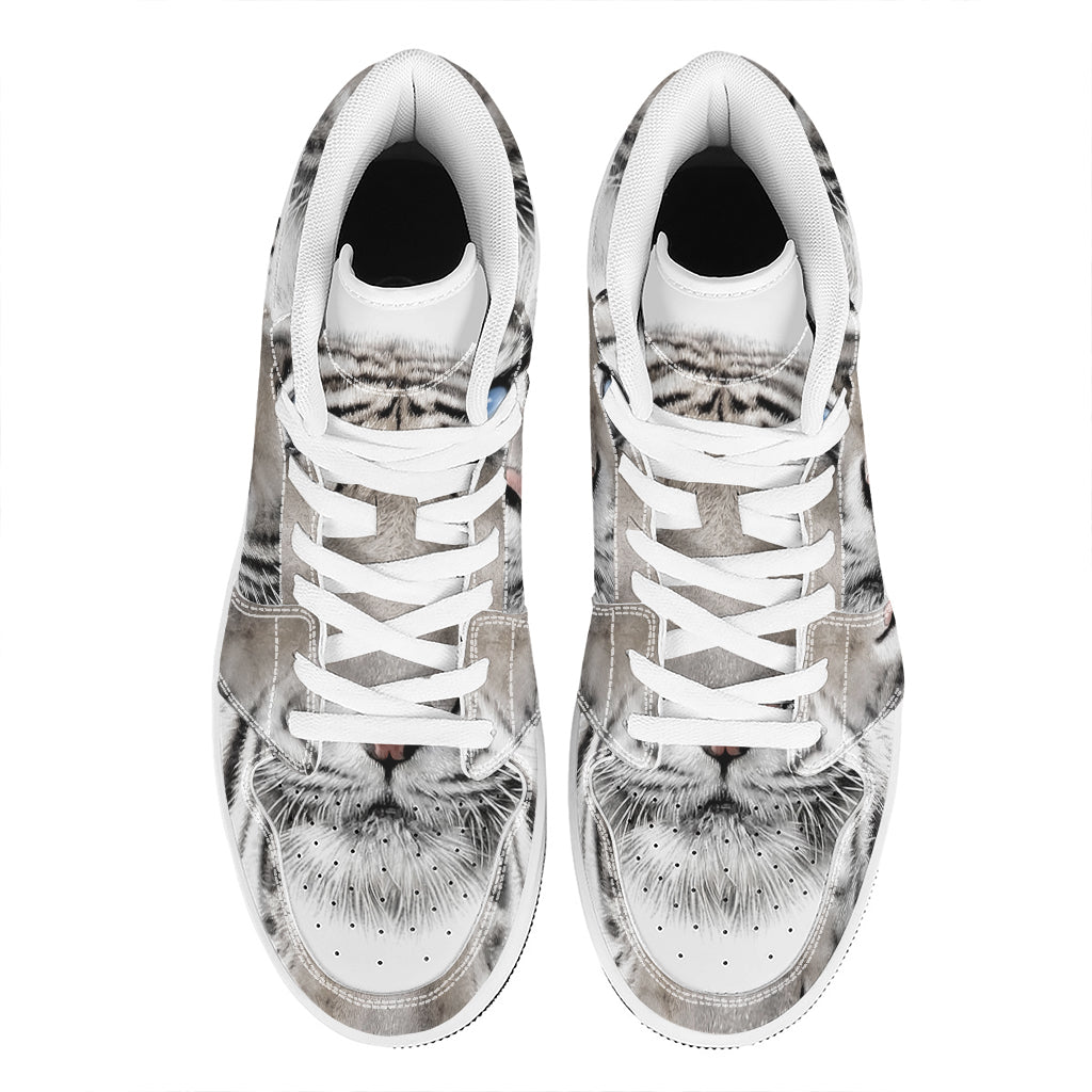 White Tiger Portrait Print High Top Leather Sneakers