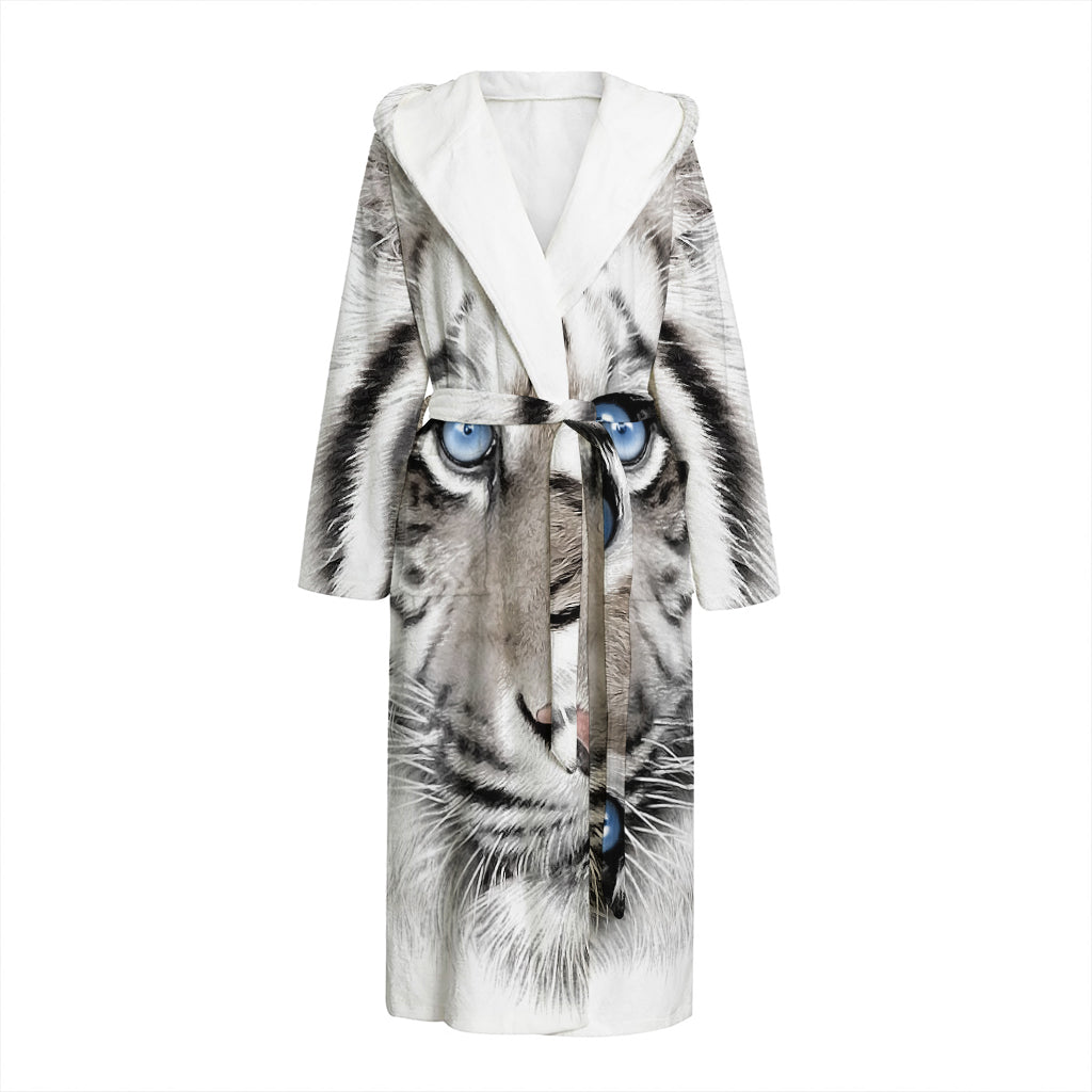 White Tiger Portrait Print Hooded Bathrobe
