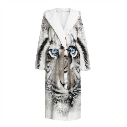 White Tiger Portrait Print Hooded Bathrobe