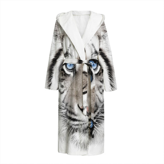 White Tiger Portrait Print Hooded Bathrobe