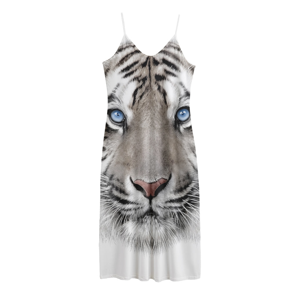 White Tiger Portrait Print Jersey Midi Cami Dress