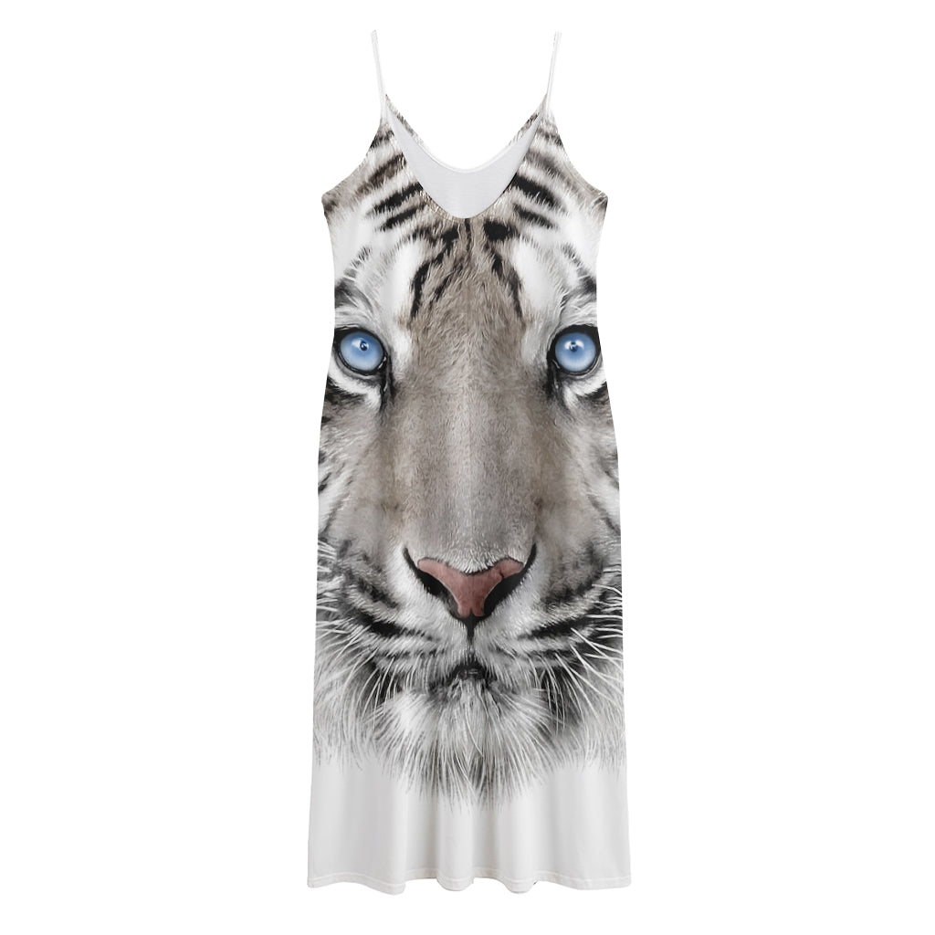 White Tiger Portrait Print Jersey Midi Cami Dress