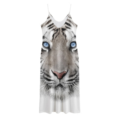 White Tiger Portrait Print Jersey Midi Cami Dress