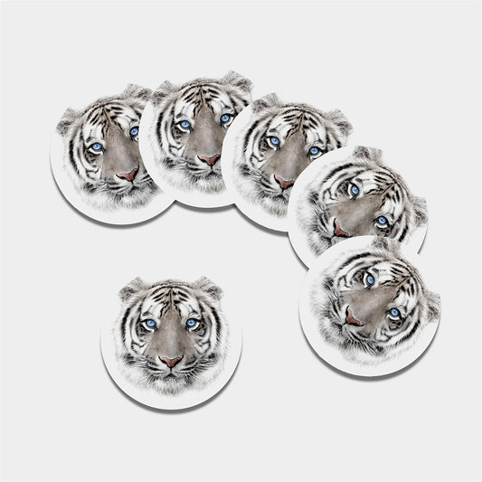 White Tiger Portrait Print Leather Coaster Set