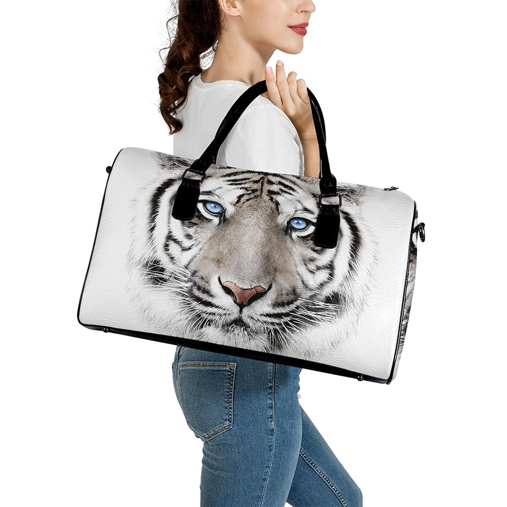 White Tiger Portrait Print Leather Duffle Bag