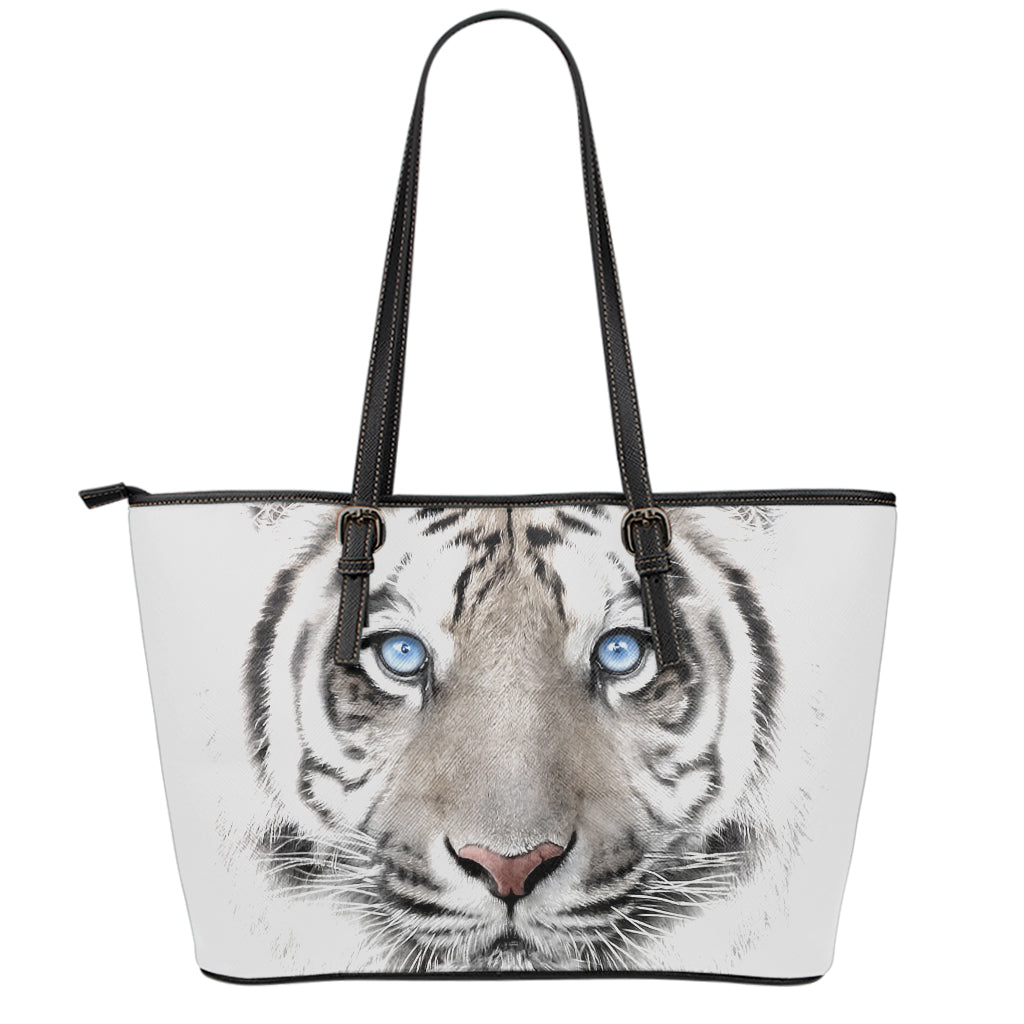 White Tiger Portrait Print Leather Tote Bag