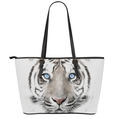 White Tiger Portrait Print Leather Tote Bag