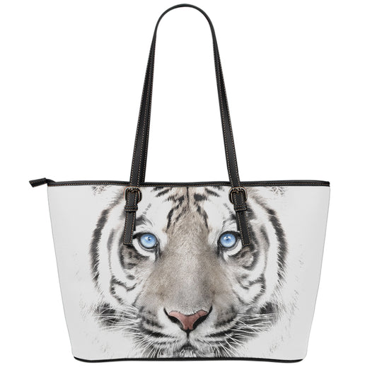 White Tiger Portrait Print Leather Tote Bag