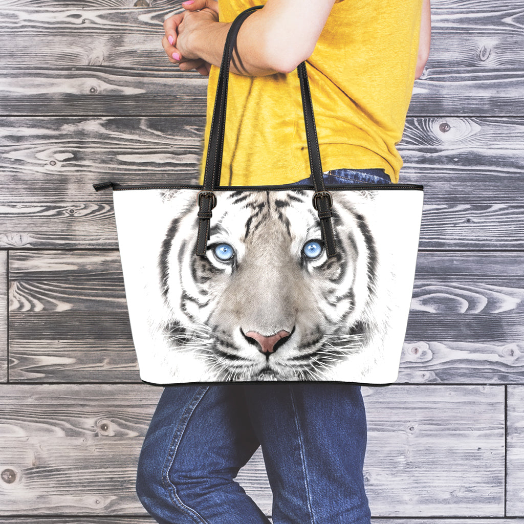 White Tiger Portrait Print Leather Tote Bag