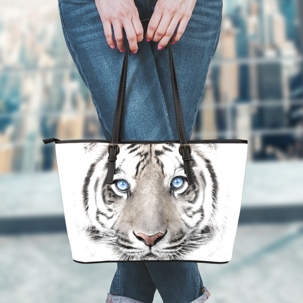 White Tiger Portrait Print Leather Tote Bag