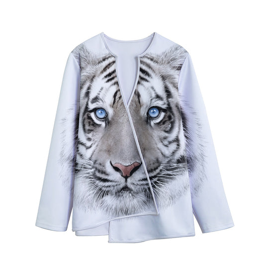 White Tiger Portrait Print Long Sleeve Short Coat