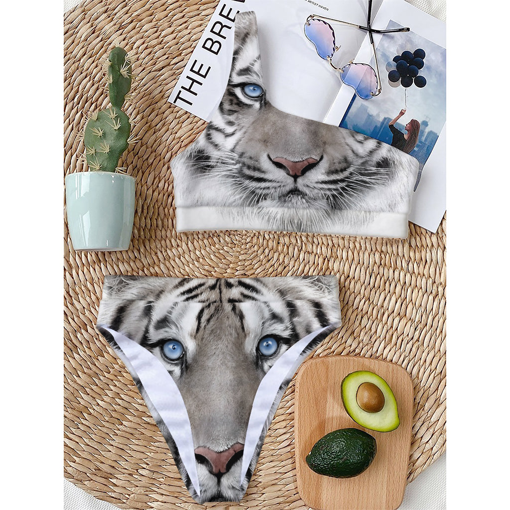 White Tiger Portrait Print One Shoulder Bikini Top