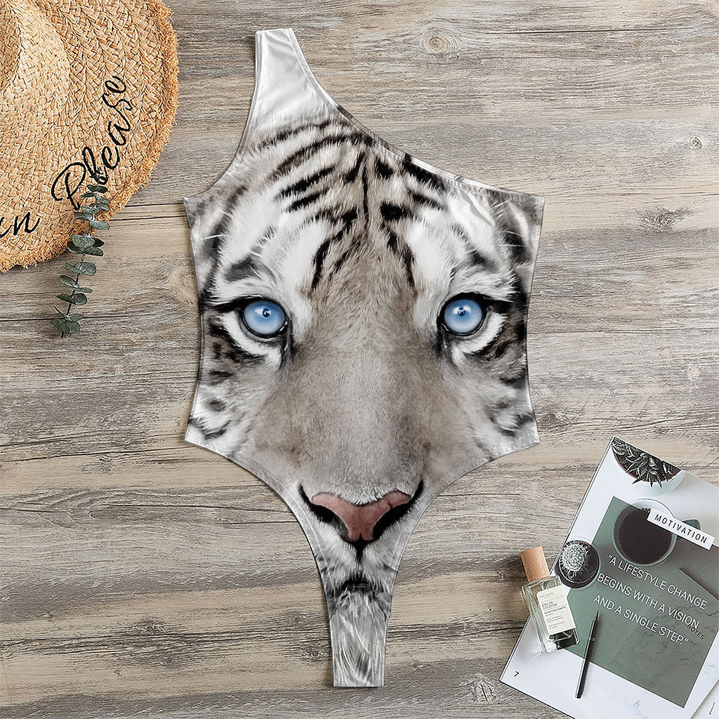 White Tiger Portrait Print One Shoulder Bodysuit