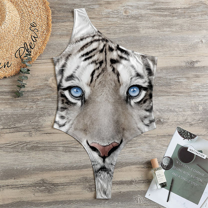 White Tiger Portrait Print One Shoulder Bodysuit