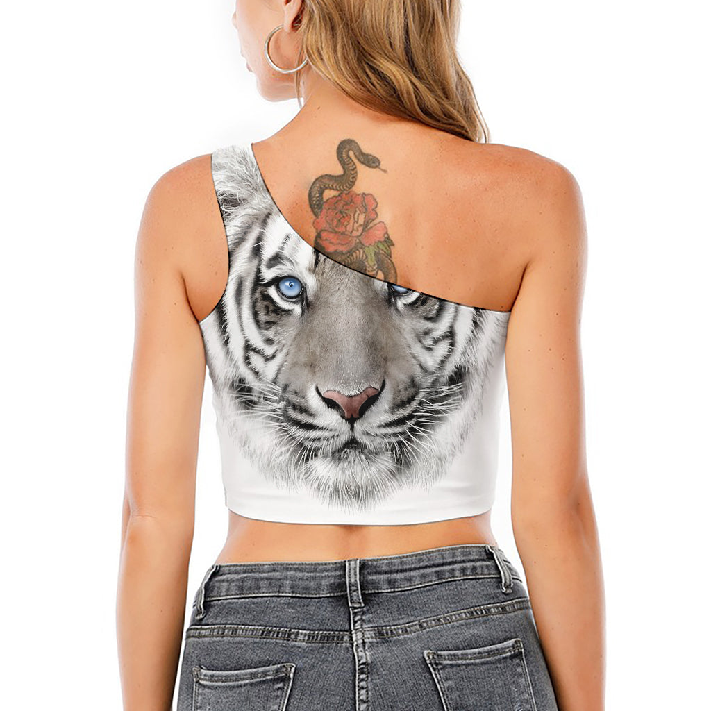 White Tiger Portrait Print One Shoulder Crop Top