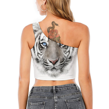 White Tiger Portrait Print One Shoulder Crop Top