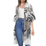 White Tiger Portrait Print Open Front Beach Cover Up