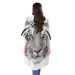 White Tiger Portrait Print Open Front Beach Cover Up