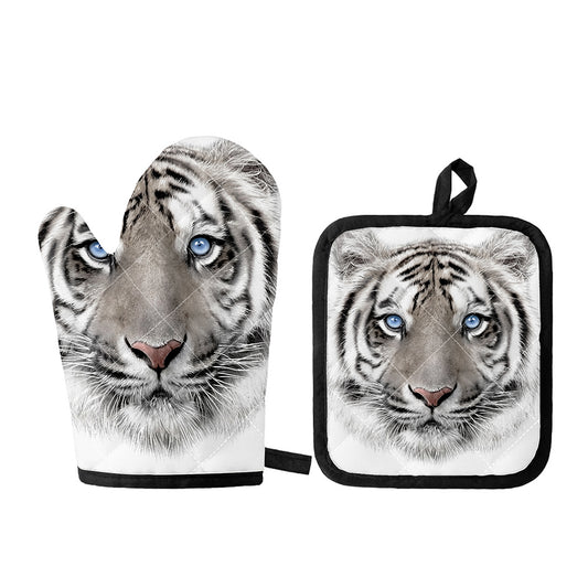 White Tiger Portrait Print Oven Mitt And Pot Holder Set