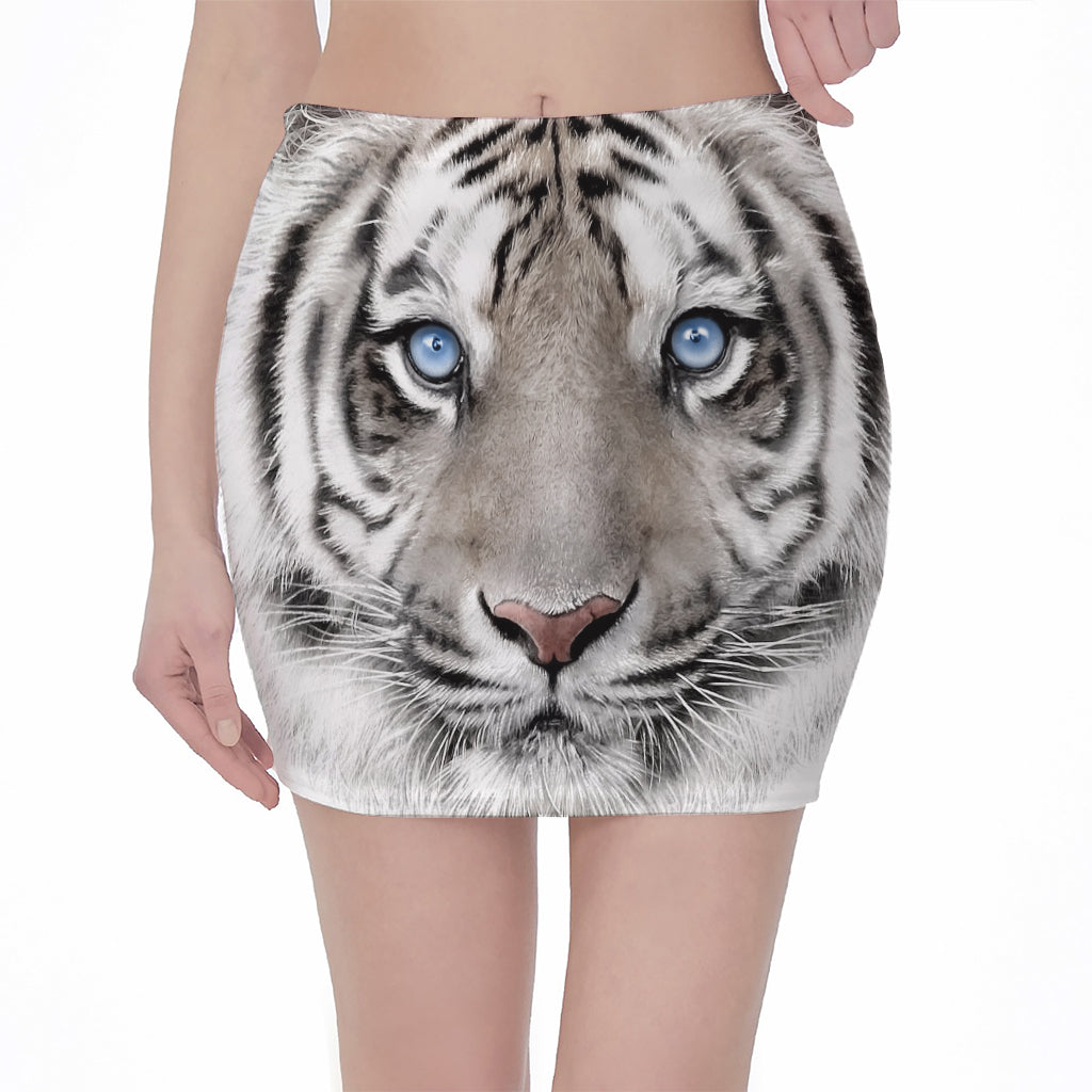 White Tiger Portrait Print Pencil Mini Skirt